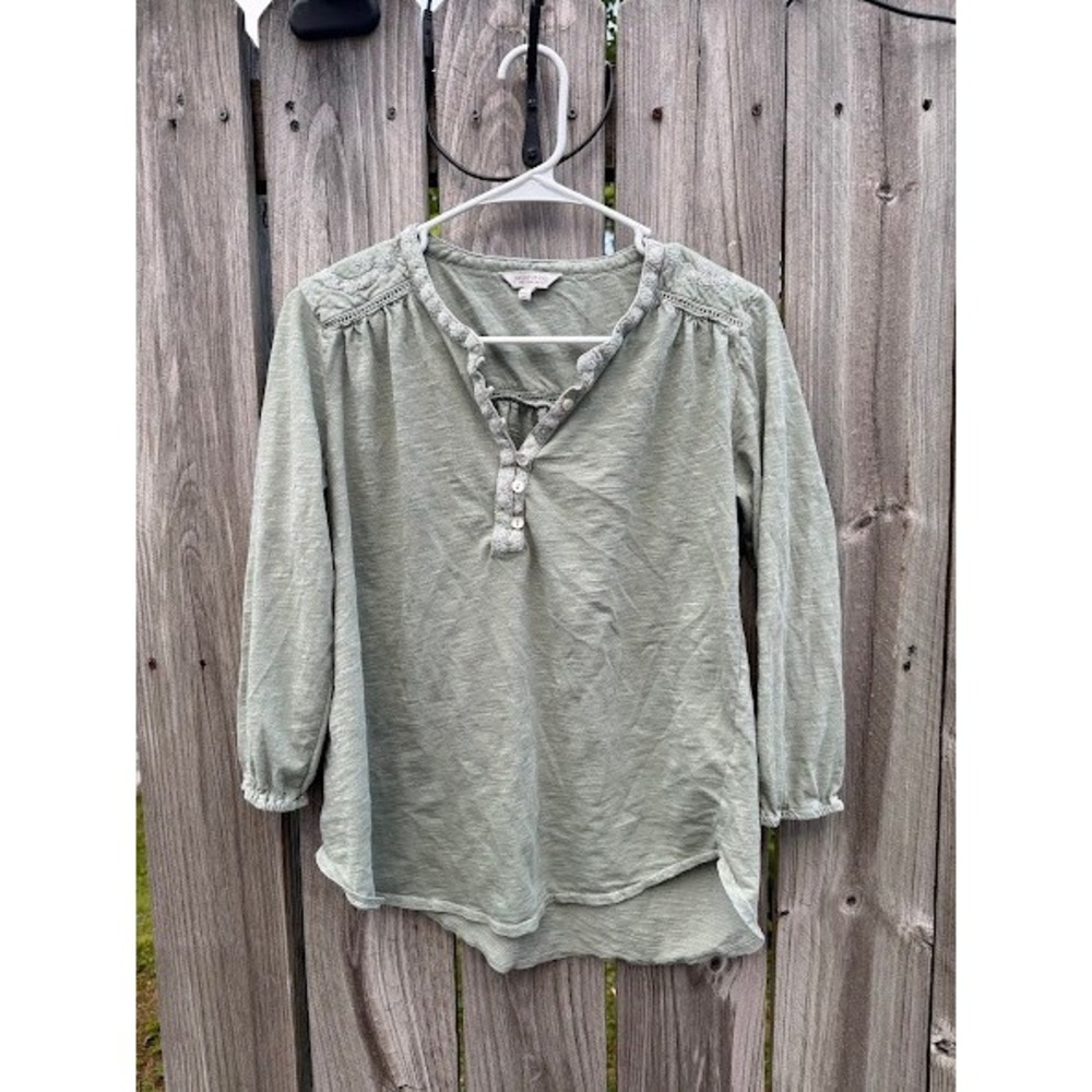 Boho Embroidered Lucky Brand Henley Blouse Womens M Sage Green